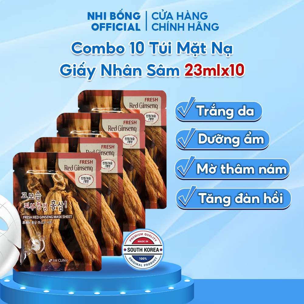 Combo 10 Mặt nạ giấy nhân sâm 3W Clinic Hàn Quốc dưỡng trắng da dưỡng ẩm chống lão hóa chiết xuất nhân sâm đỏ 23mlx10