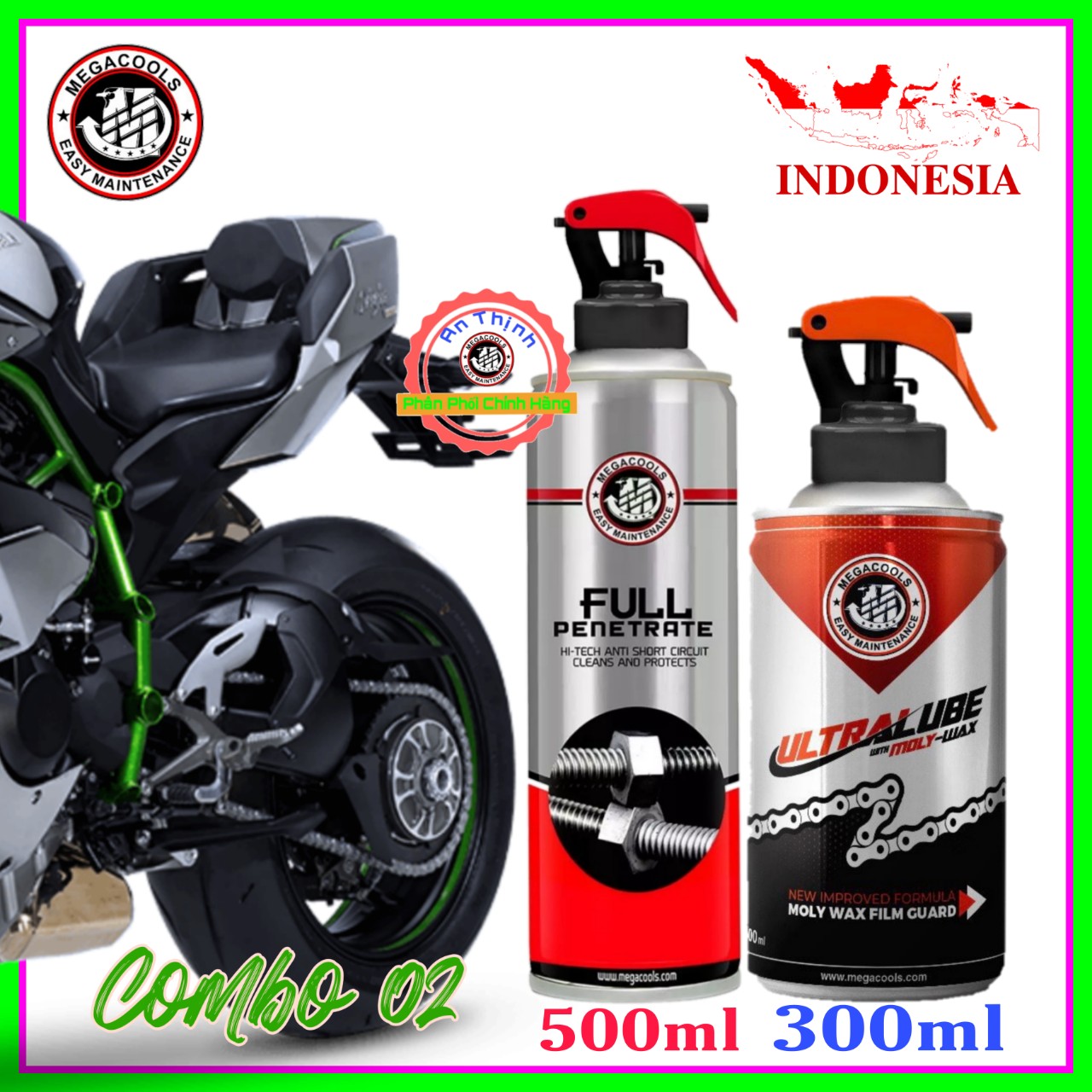 Combo 2 chai xịt vệ sinh sên megacools full penetrate 500ml và chai dưỡng sên cao cấp megacools ultra moly wax 300ml nhập khẩu indonesia