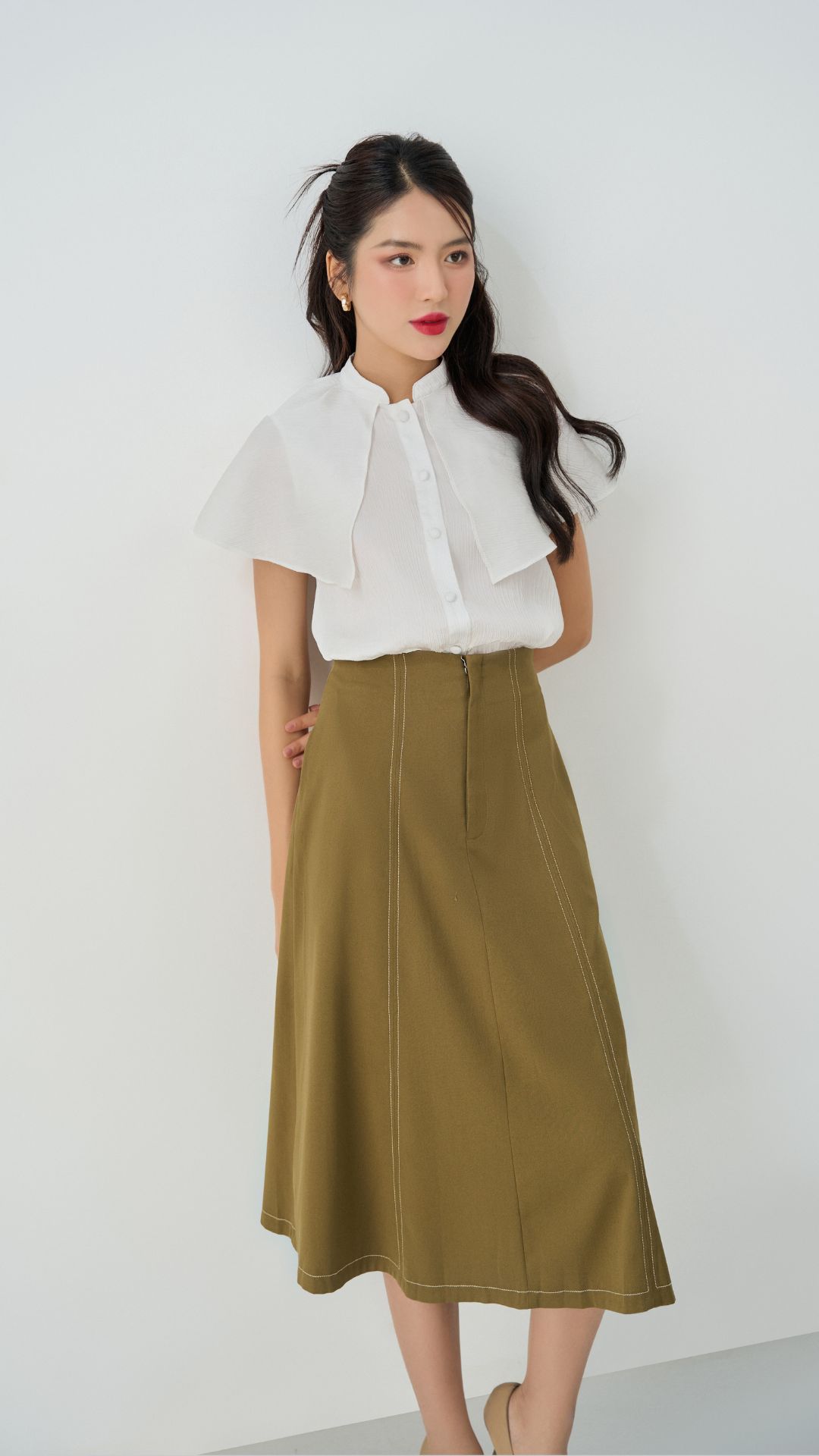 Vella Fashion - Chân váy midi viền chỉ nổi VV23052