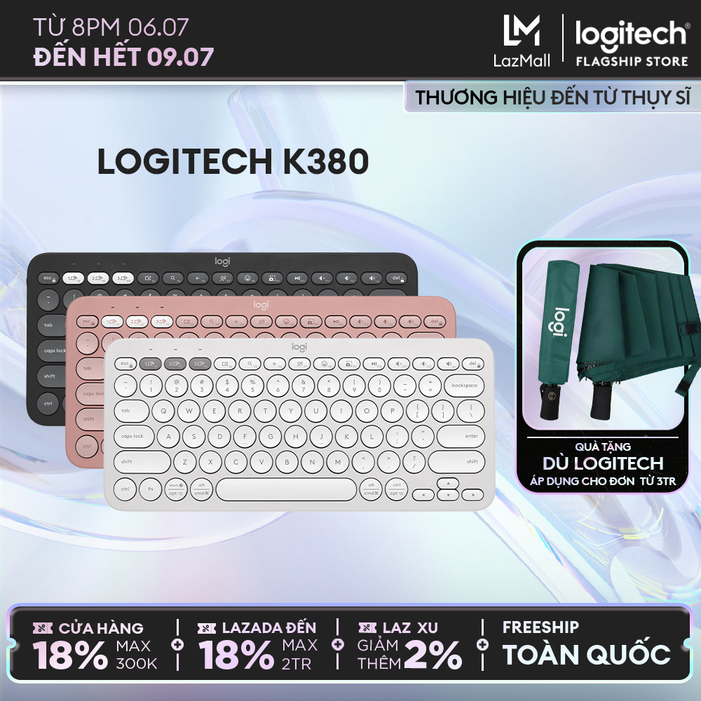 Bàn phím không dây Bluetooth Logitech K380 | Logitech K380s - Kết nối 3 thiết bị, giảm ồn, gọn nhẹ dễ mang đi, phù hợp Mac/ Laptop/ Điện thoại