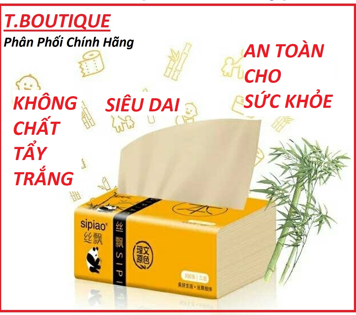 Giấy Rút Khăn Ăn Gấu Trúc Sipiao Làm Từ Sợi Tre Siêu Mềm 300 tờ - Giấy Ăn Vệ Sinh Siêu Dai Siêu Thấm Hút