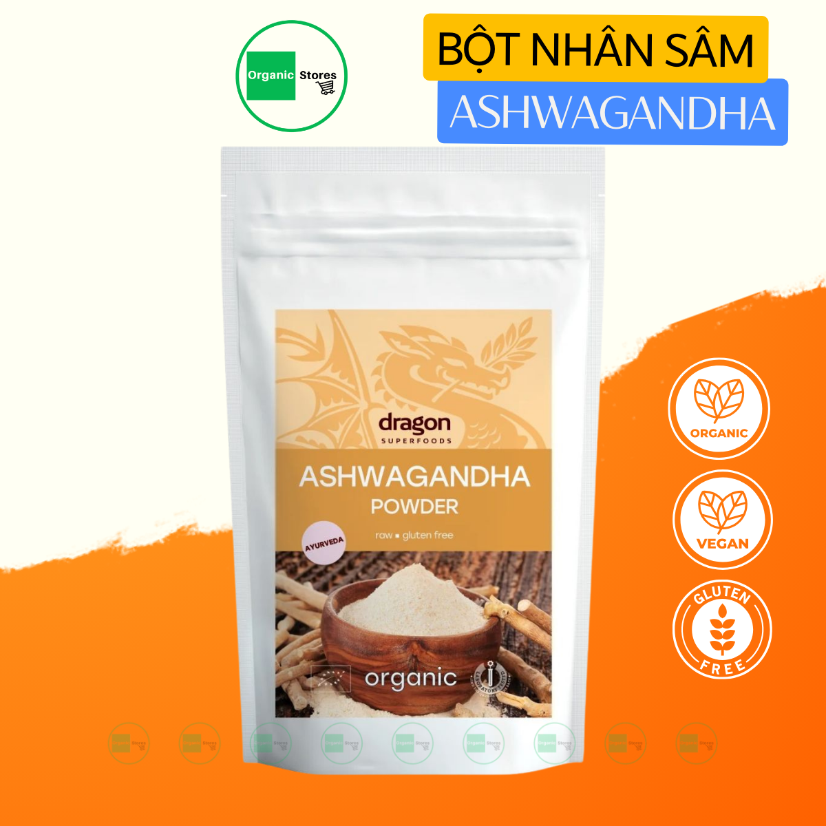 Bột nhân sâm Ân Độ Ashwagandha hữu cơ 200gr - Dragon Shuperfoods