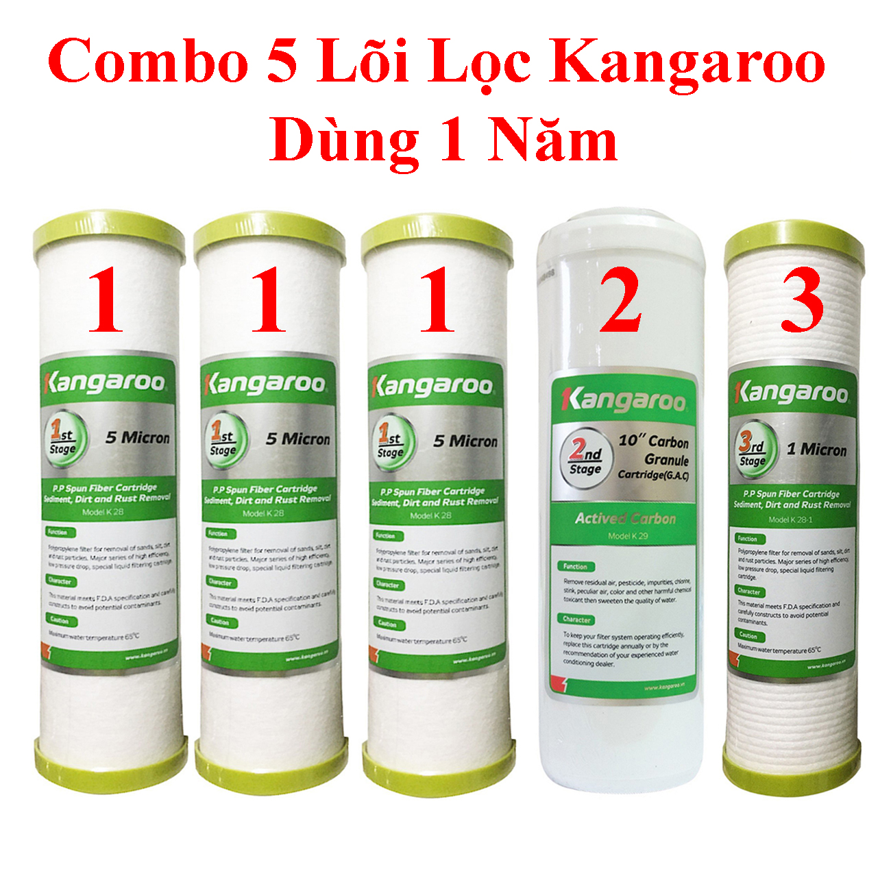 Combo 5 lõi lọc nước Kangaroo dùng 01 năm bao gồm 3 lõi số 1, 1 lõi số 2 và 1 lõi số 3 chính hãng