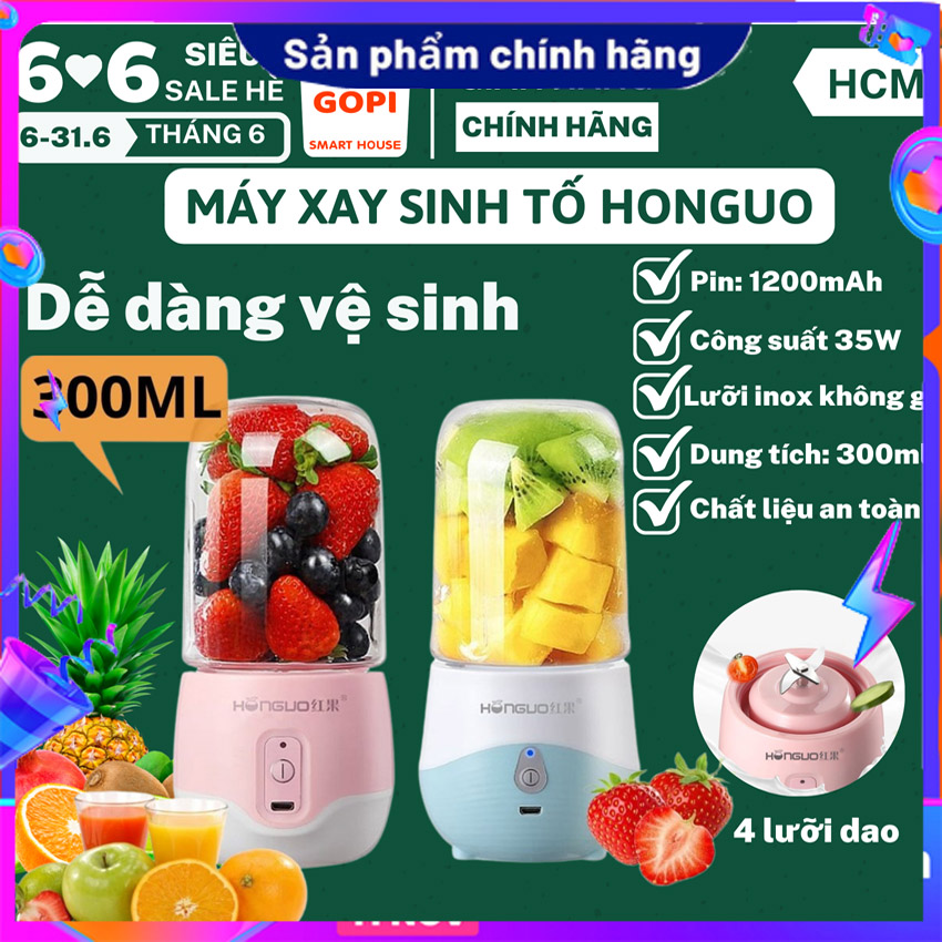 Máy xay sinh tố, máy xay sinh tố cầm tay mini honguo 6 lưỡi, máy xay sinh tố đa năng cầm tay sạc tích điện 300ml, dung lượng pin 1200mah, siêu tiện dụng, đa năng - hồng, xanh, máy xay sinh tố, máy xay sinh tố đa năng