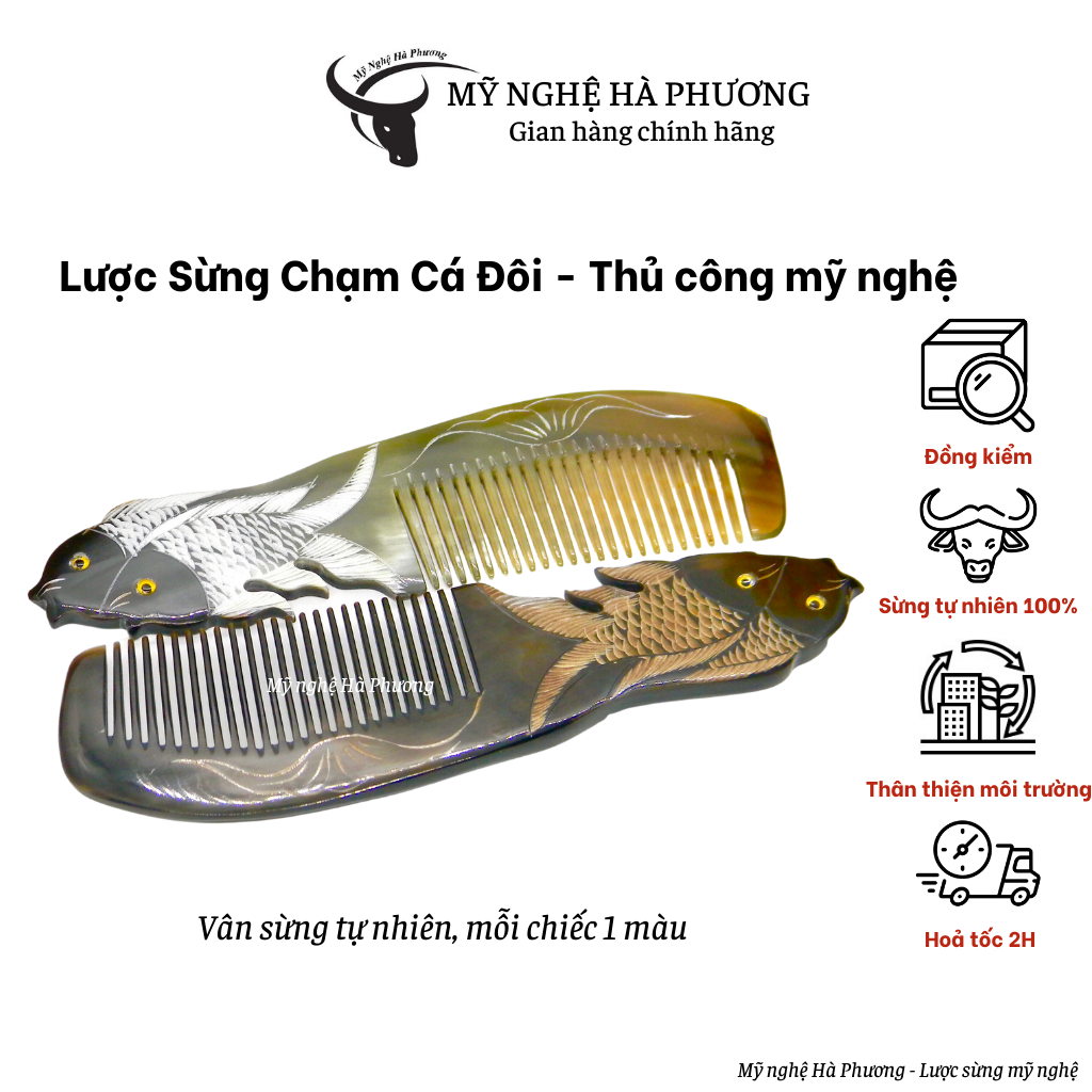 Lược sừng chạm Cá mẹ con 2 mặt, Mỹ nghệ Hà Phương - Lược sừng mỹ nghệ