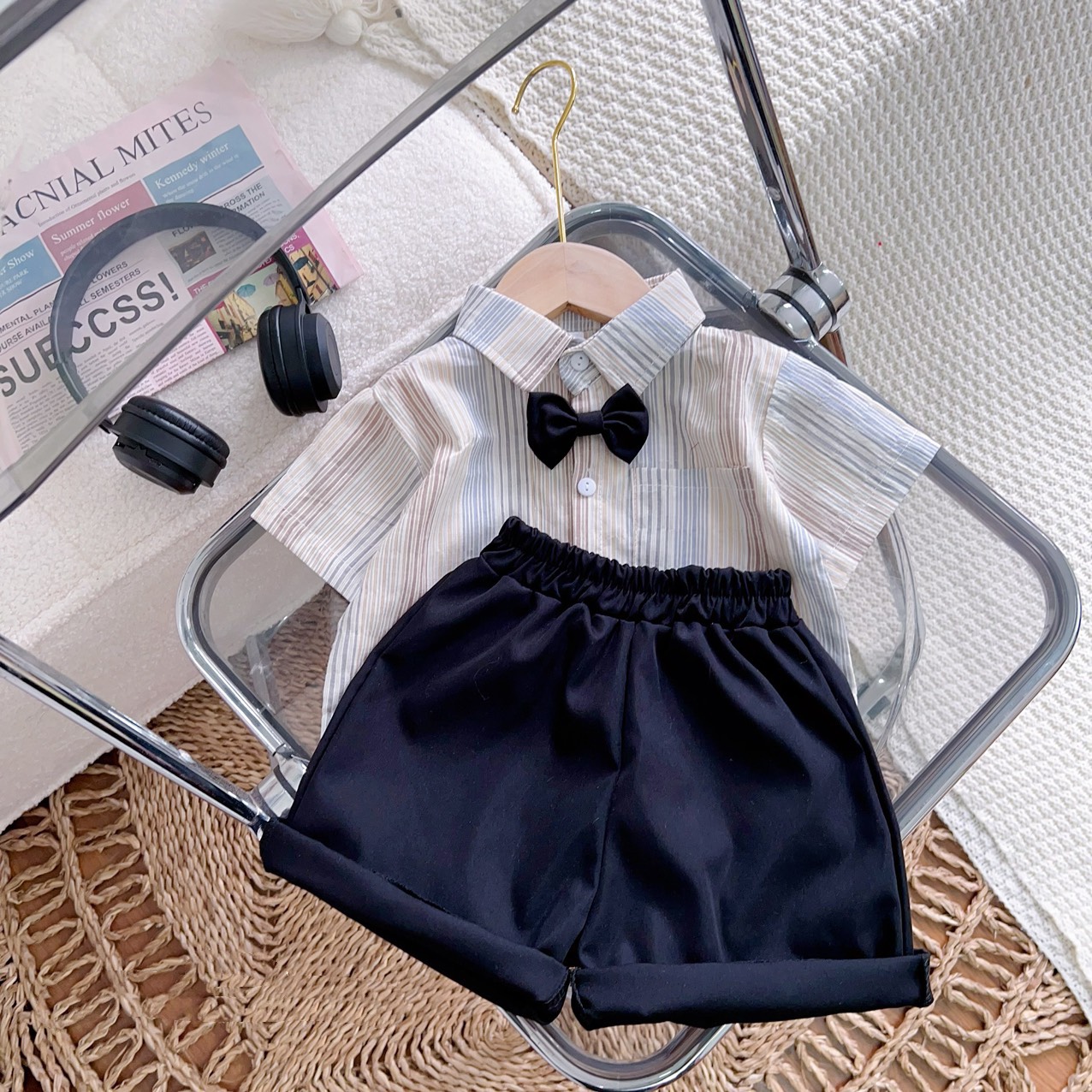 Set đồ sơmi kẻ sọc công tử bé trai 8-18kg. Bộ đồ cộc tay đi chơi cho bé trai Stella Shop