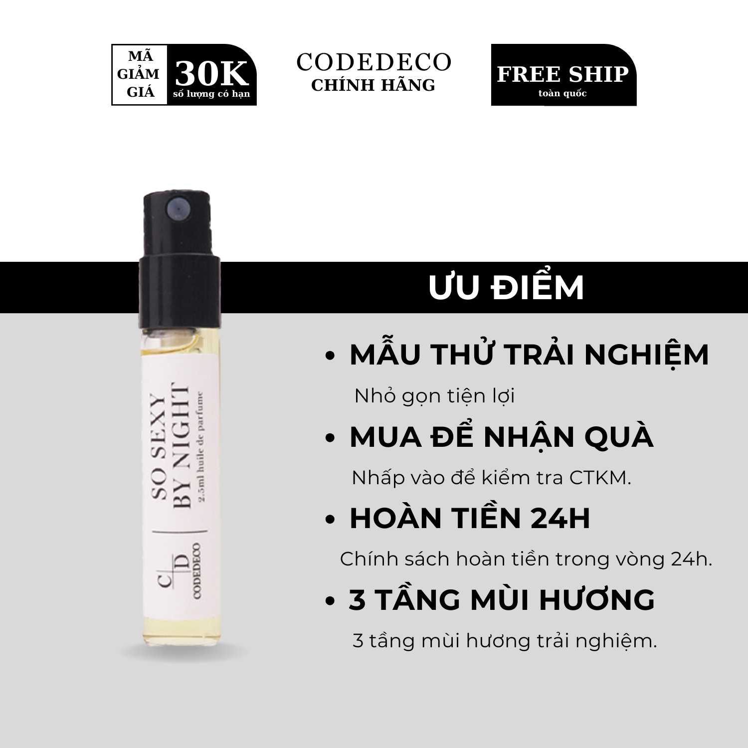 Tinh dầu nước hoa codedeco so sexy by night vial 2.5ml gợi cảm, ngọt ngào
