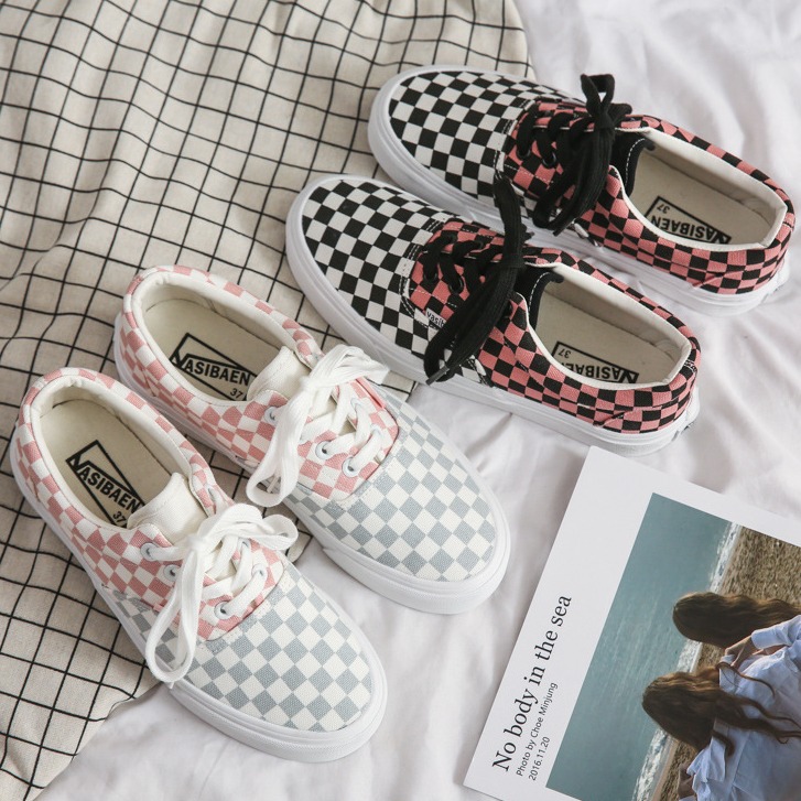 [ Mẫu mới 2021 ] Giày Vải Dây Buộc Kẻ Caro Hồng Trắng - Hồng đen Siêu HOT