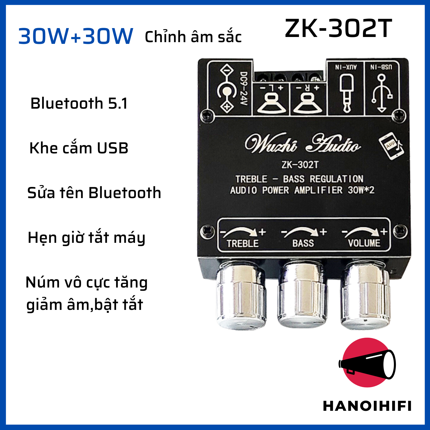 Mạch wuzhi zk 302t khuếch đại âm thanh bluetooth 30w x2 chỉnh âm sắc. mã ampli zk 302t
