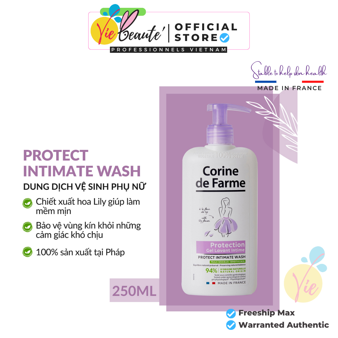 Gel vệ sinh phụ nữ Corine De Farme PROTECT INTIMATE WASH 250ml Làm Sạch Và