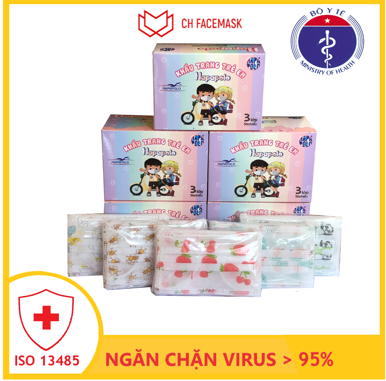 Khẩu trang trẻ em Hapapolo Face Mask Kids, hộp 50 chiếc, chống bụi, chống nắng, dễ thở, thoải mái khi sử dụng, đạt tiêu chuẩn của Bộ Y Tế, an toàn cho sức khỏe của bé