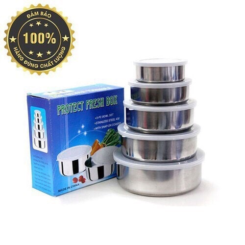 BỘ 5 HỘP/THỐ ĐỰNG THỰC PHẨM BẰNG INOX PROTECT BOX CÓ NẮP ĐẬY