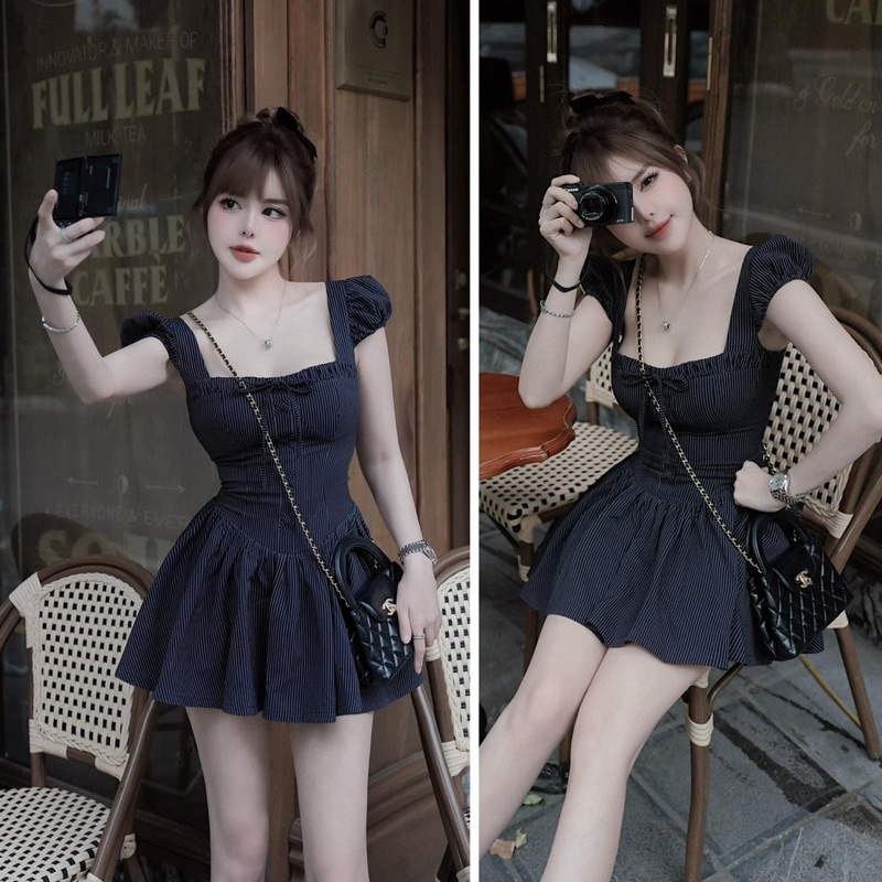 Đầm váy ngắn kẻ babydoll cổ vuông nơ ngực v1356