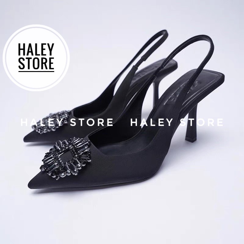 Giày sandal đá đen cao gót 7cm HALEY STORE mũi nhọn quai đính xoàn lấp lánh tiểu thư công chúa đi tiệc rẻ bền đẹp