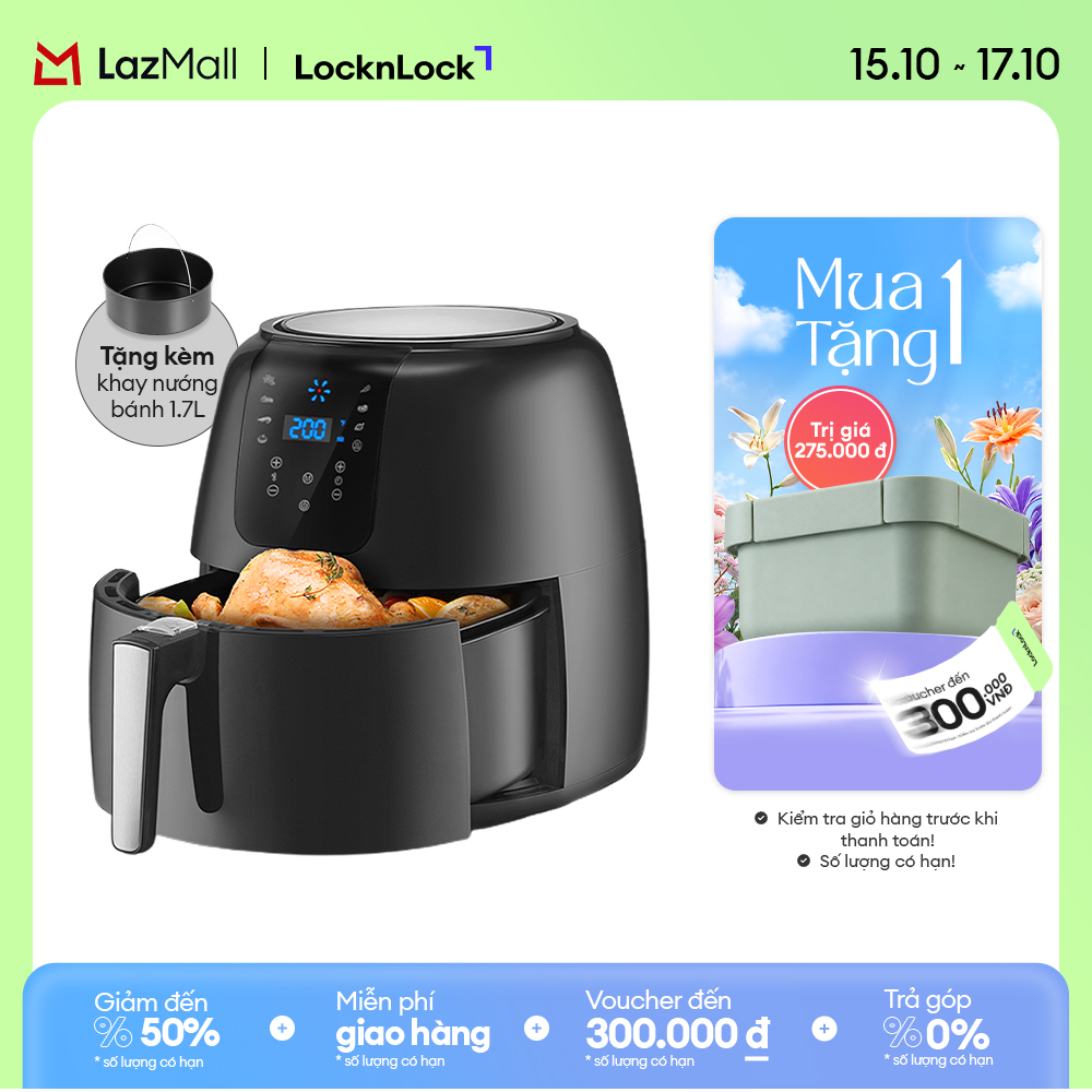 Ejf296Blk - Lock&Lock Super Jumbo 7.2L Oil-Free Fryer - 7 Cooking Modes, 360 Convection Heating, Free Cake Tray Included - 2-Year Warranty