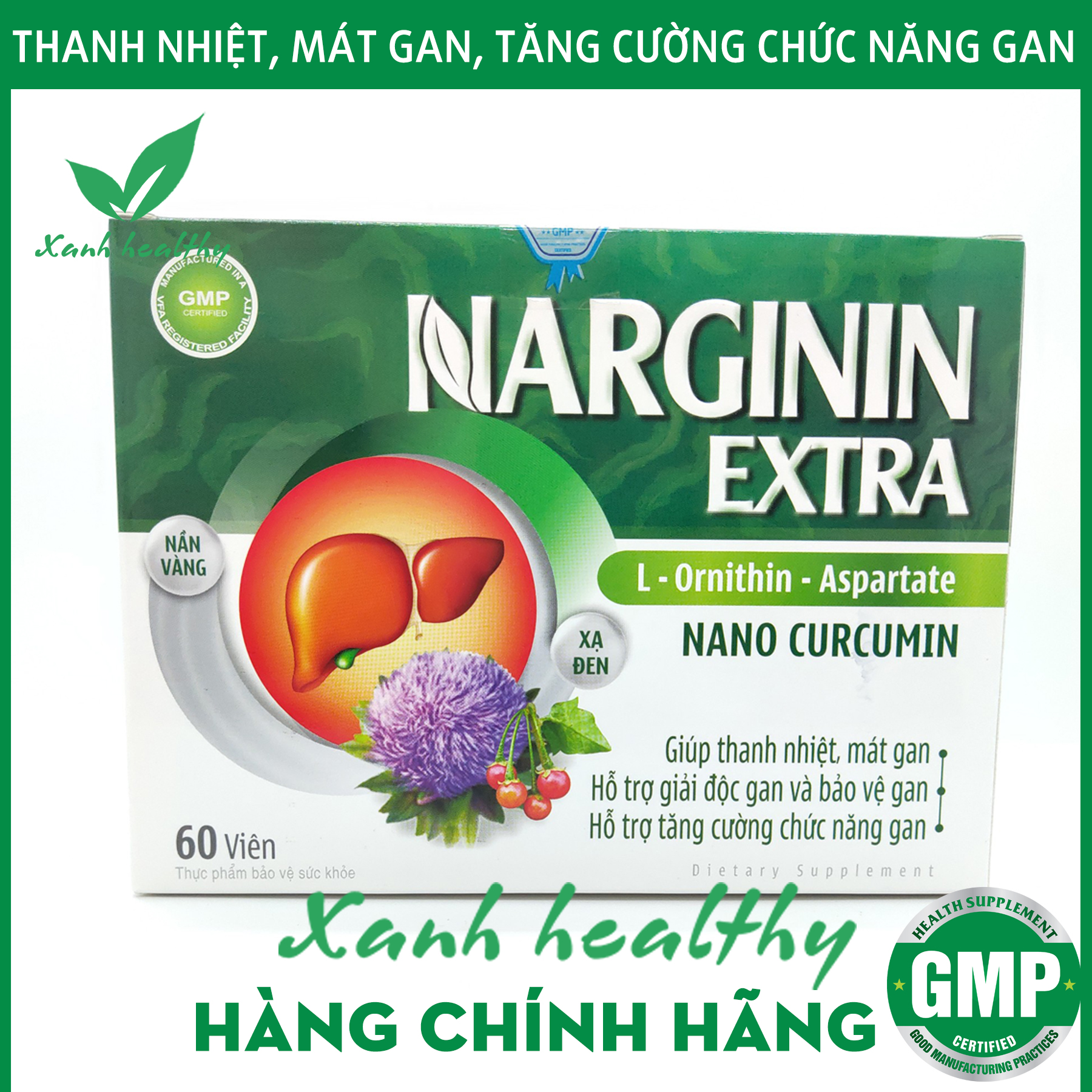 NARGININ EXTRA- Viên uống thanh nhiệt giải độc gan hiệu quả từ Nấm Lim Xanh, Cà gai leo, Xạ đen - Hộp 60 viên Hàng chính hãng