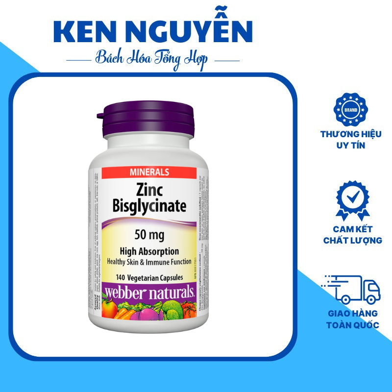 Viên uống kẽm Webber Naturals Zinc Bisglycinate 50mg hộp 140 viên nang chay