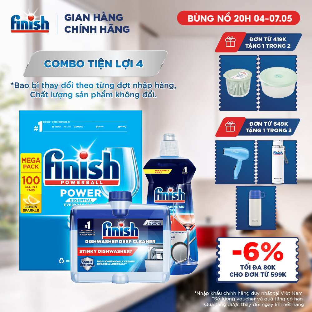 [LIVESTREAM] Combo Finish tiện lợi 4: Hộp 100 Viên Rửa Bát Essential + Nước Làm Bóng Finish 500ml + Dung dịch vệ sinh máy