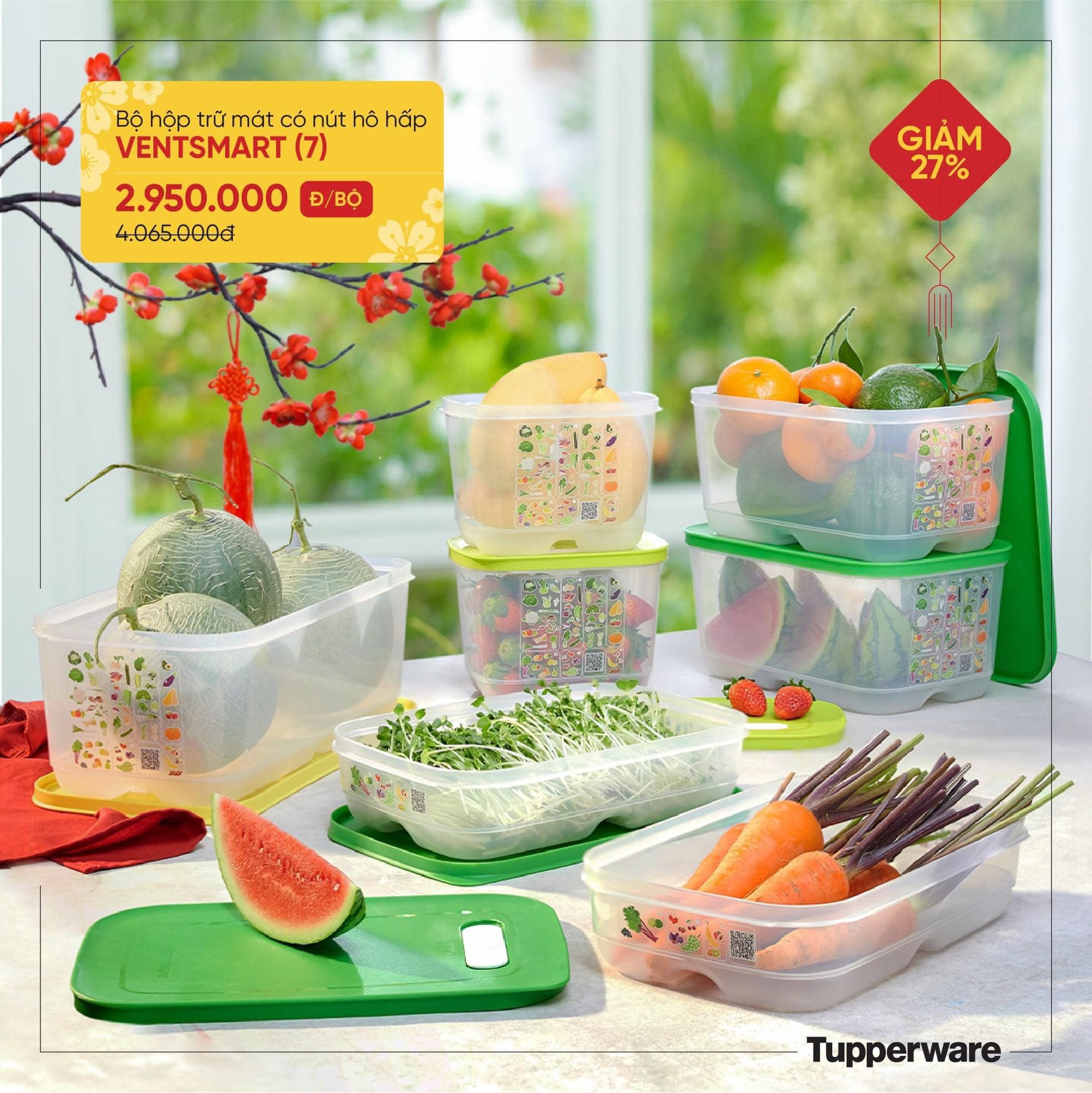 Sale 40% - Bộ hộp trữ mát có nút hô hấp Ventsmart 7 hộp- Trữ trái cây, củ quả,rau xanh,...tươi ngon đến 15 ngày