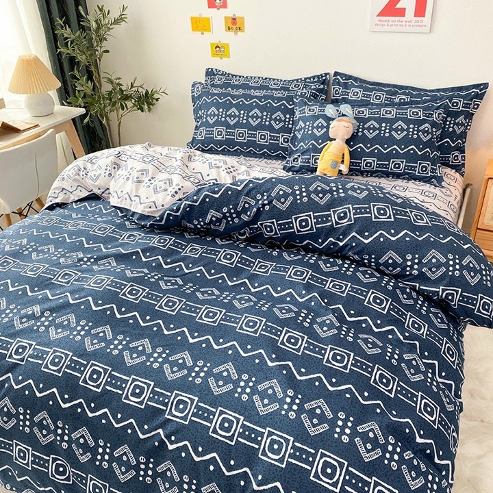 Bộ Chăn Ga Gối Cotton Poly - Thổ Cẩm Than ( 1 Drap + 2 Vỏ Gối Nằm + 1 Vỏ Chăn ) Tiệm Nhà Cá