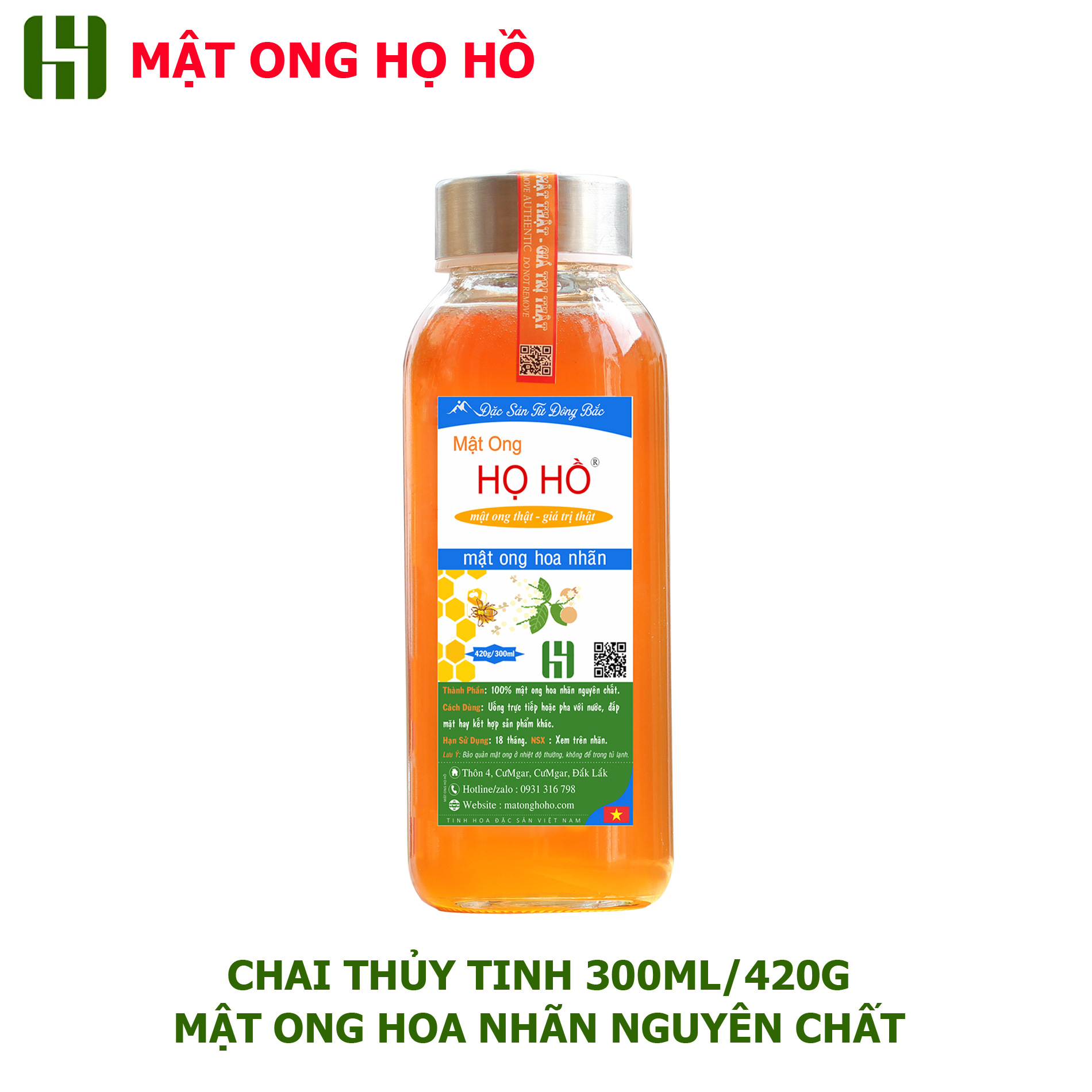 Mật ong hoa nhãn hũ thủy tinh 420g (300ml) đặc sản Hưng Yên - Mật ong Họ Hồ mật thật giá trị thật