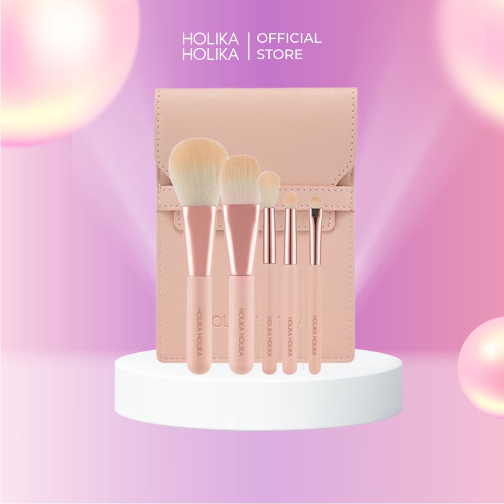Bộ 5 Cọ Trang điểm Chuyên Nghiệp Hàn Quốc Holika Holika Nudrop Mini Brush Tặng Kèm Túi Da Cao Cấp