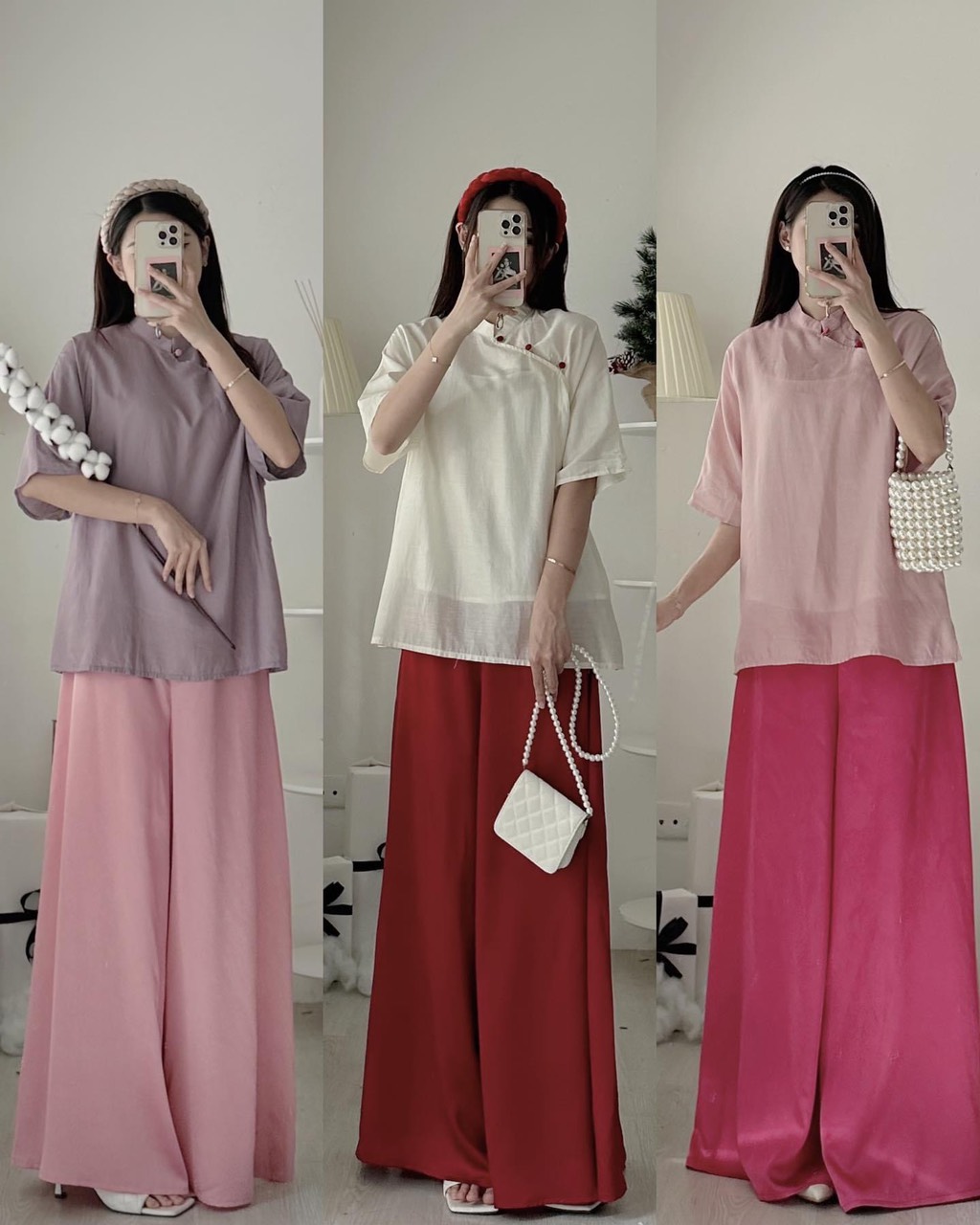 Set áo dài cách tân EMIX kèm quần suông chất tơ lụa satin- Setaodailua235_P13K19