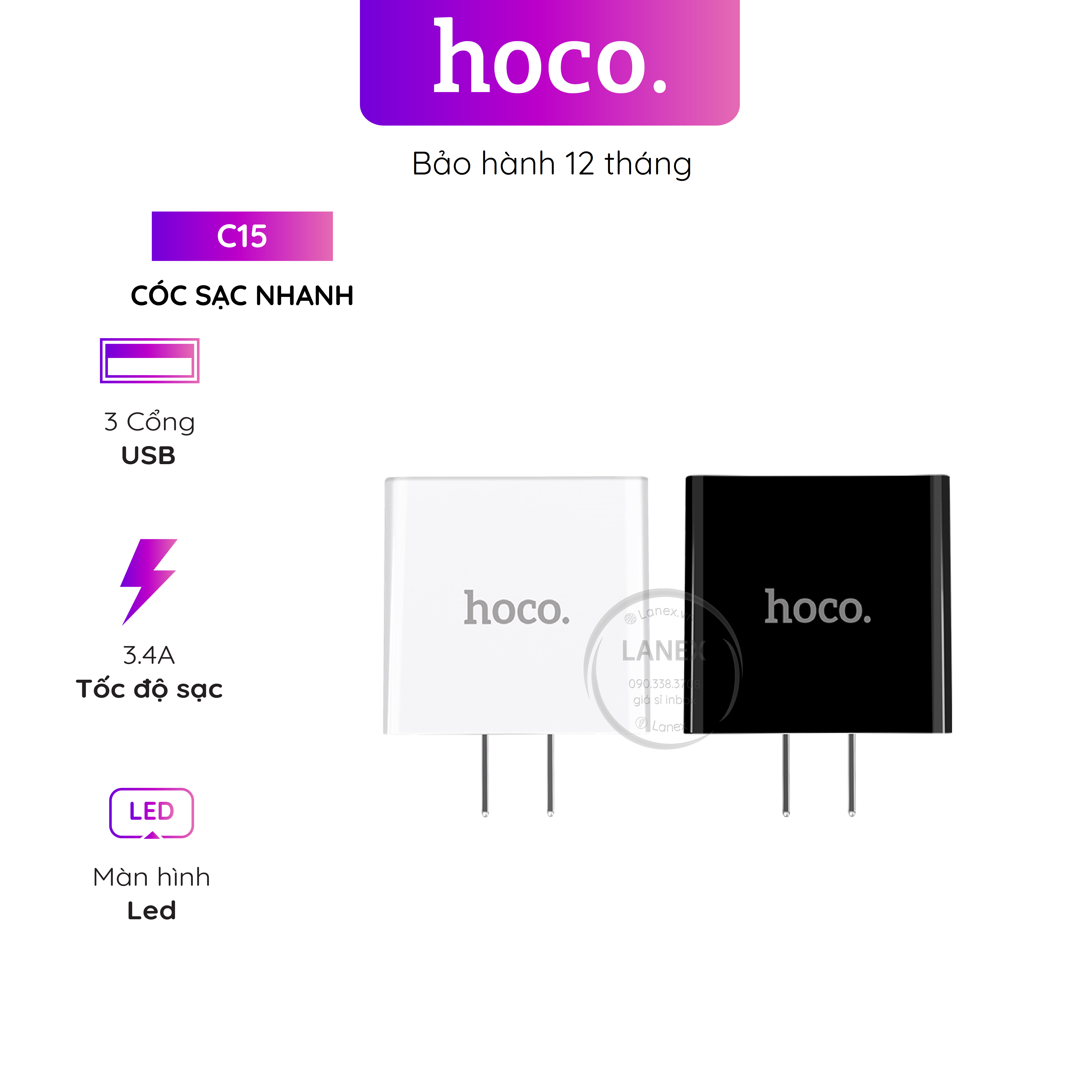 Cóc Sạc Nhanh Hoco C15 3 Cổng Usb 3.4a Màn Hình Led