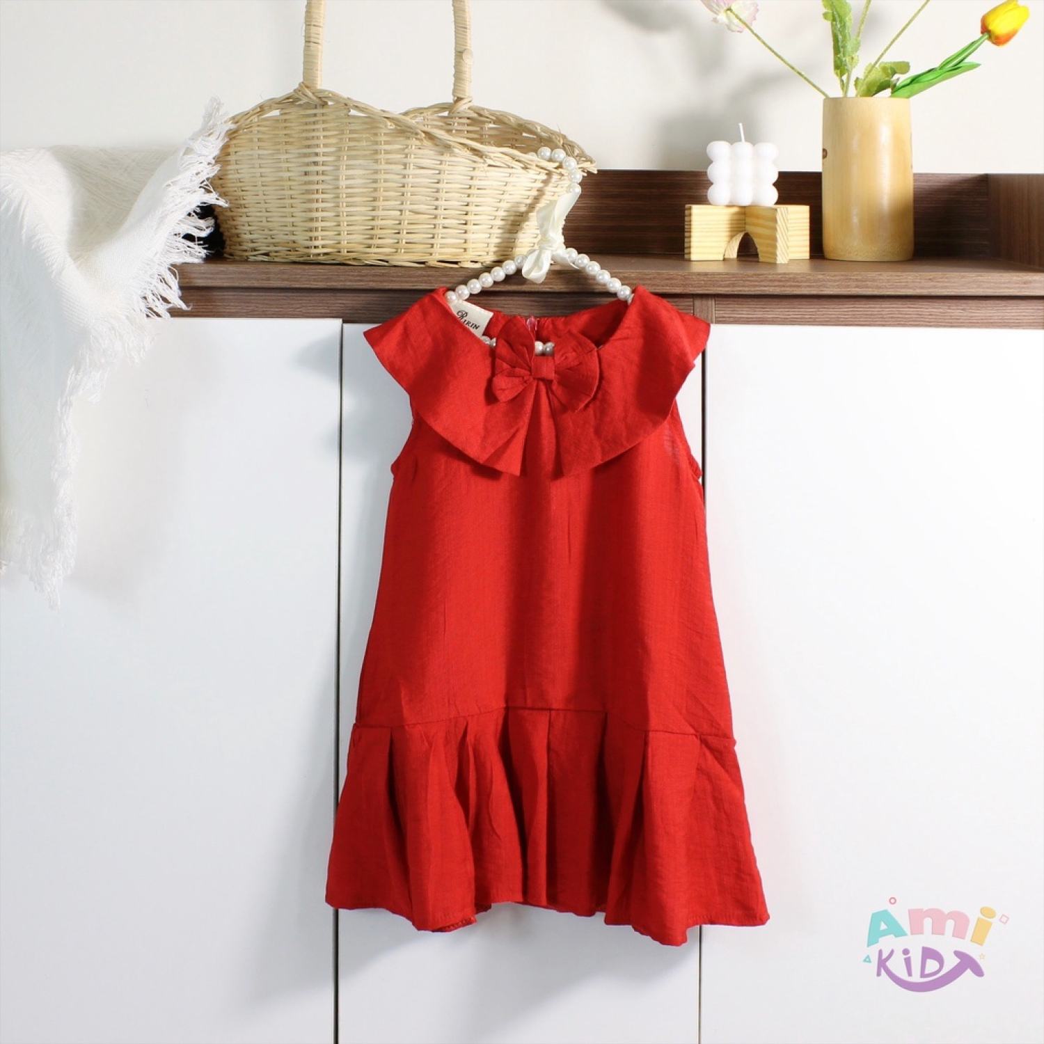 Váy đỏ cho bé amikids, đầm chữ a kèm nơ xinh xắn cho bé gái 1, 2, 3, 4, 5, 6, 7 tuổi