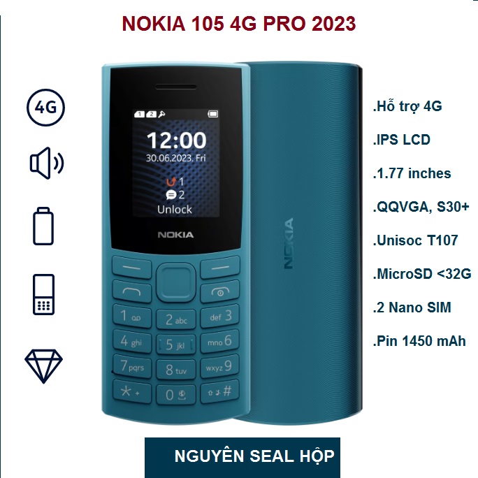  Điện thoại bàn phím Nokia 105 4G Pro  Hỗ trợ 2 Sim và 2 Sóng 4G Pin 1450 mAh Trâu Và Cực Bền Full Box 