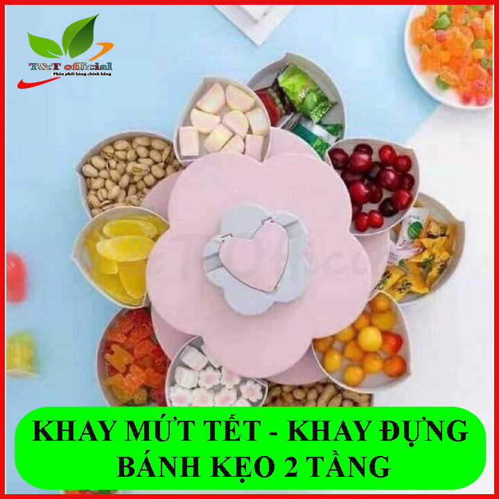 Khay đựng mứt tết bánh kẹo hoa quả 2 tầng 10 cánh xoay 360 độ, có kèm khe giá đỡ điện thoại thông minh