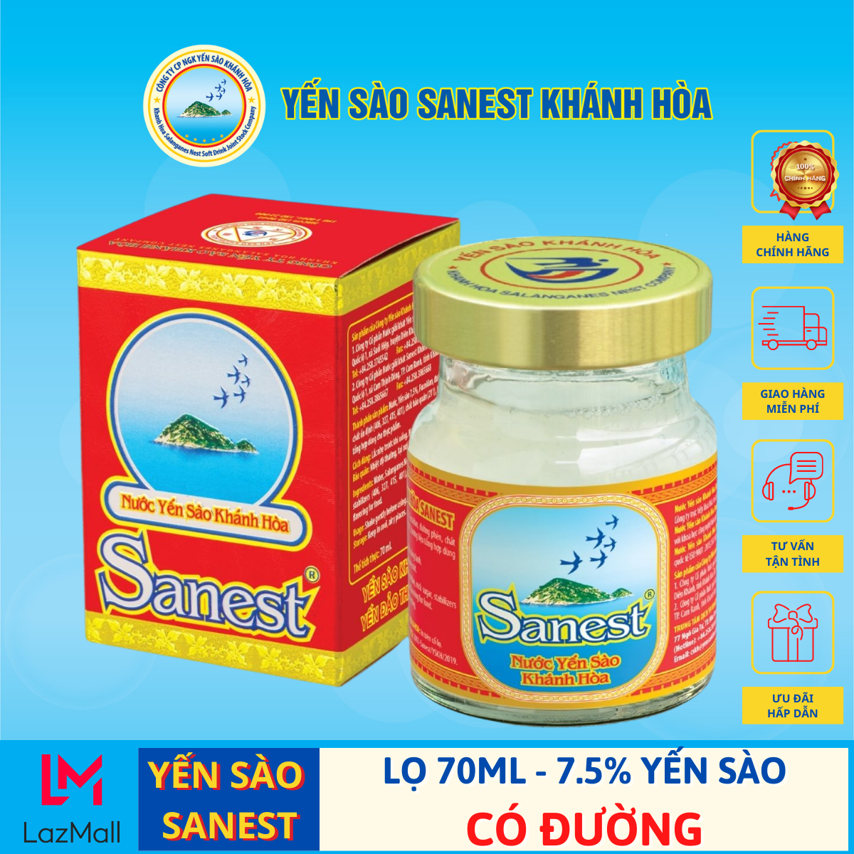 Nước Yến sào Sanest Khánh Hòa Sử dụng cho mọi đối tượng, Lọ 70ml, Yến sào 7,5%. Được chế biến từ tổ yến sào thiên nhiên Khánh Hòa.