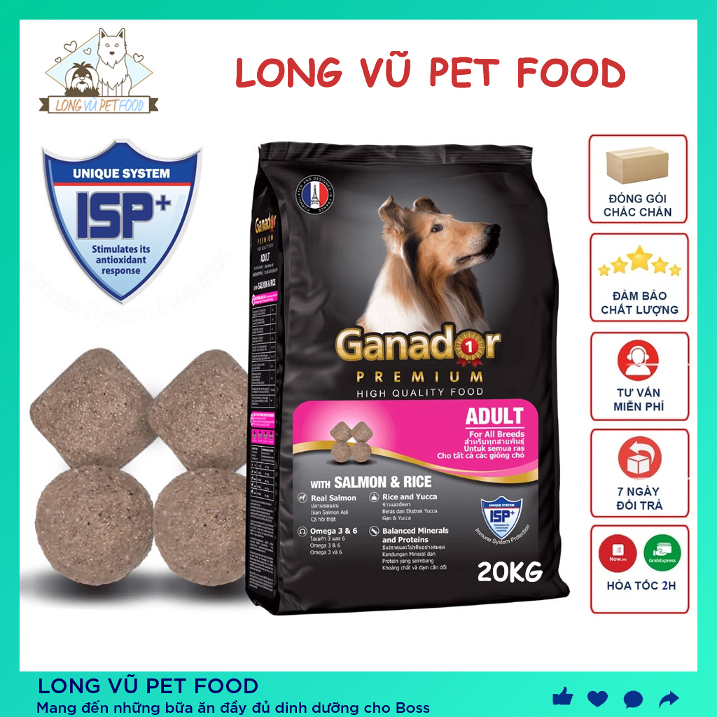 Thức ăn cho chó lớn Ganador 20kg (50 gói 400g) vị Cá Hồi & gạo - Thức ăn hạt cho chó trưởng thành trên 1 tuổi - Long Vũ Pet Food