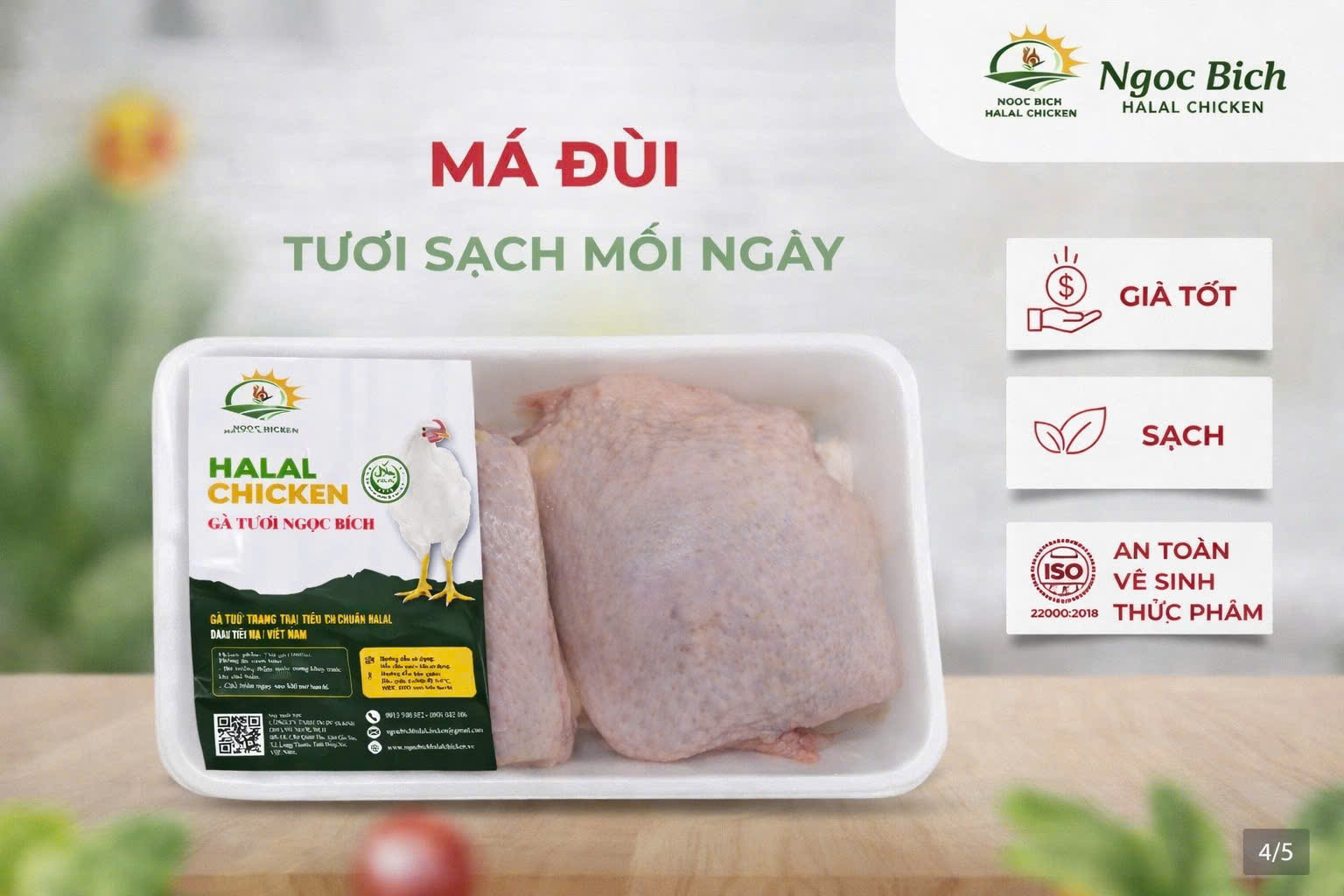 [Giao HCM] Má đùi gà tươi ngon mỗi ngày Ngọc Bích Halal Chicken - Vỉ 500g - Thịt gà tươi