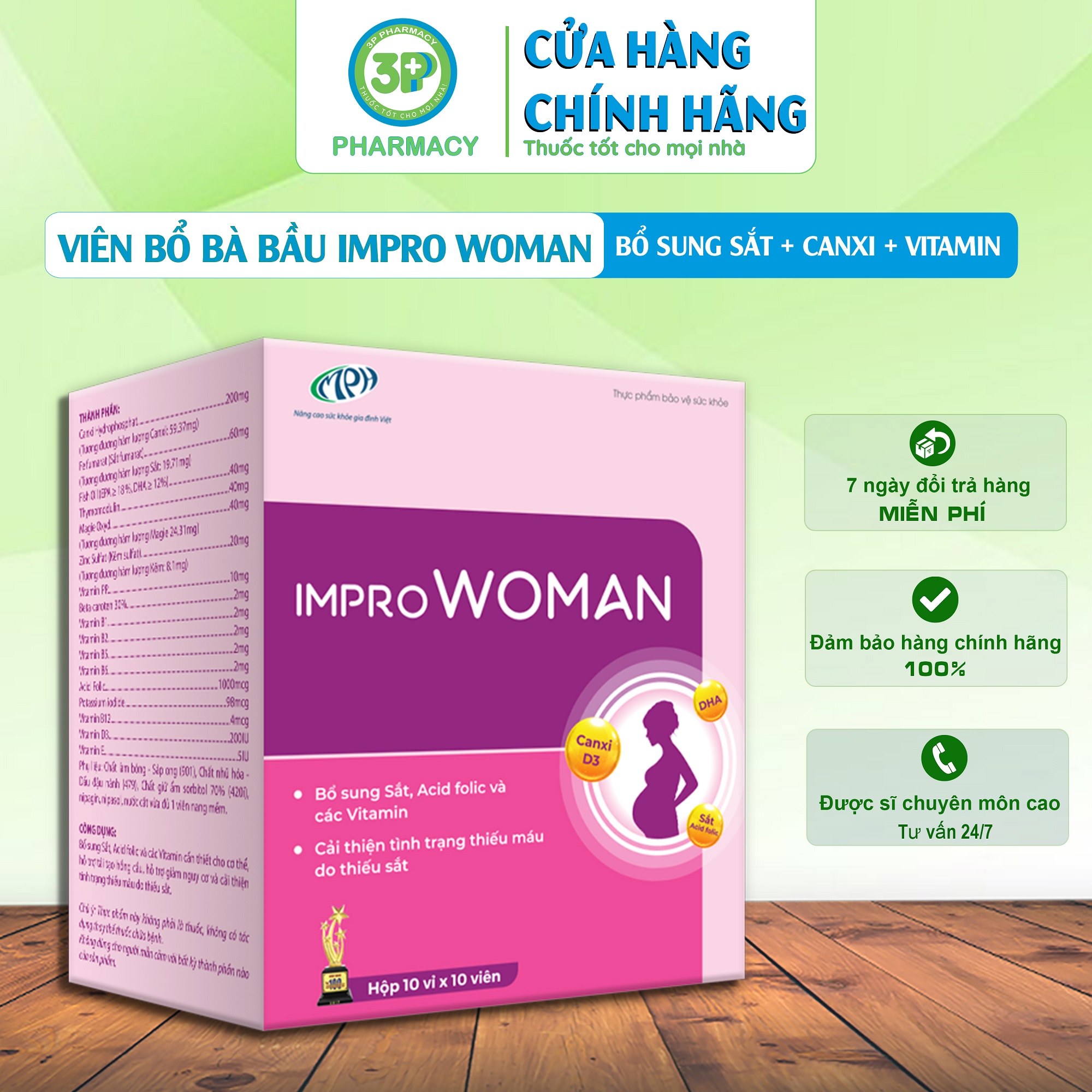 Viên uống tổng hợp cho bà bầu IMPROWOMAN bổ sung sắt cho bà bầu và acid folic cần thiết hộp 100 viên