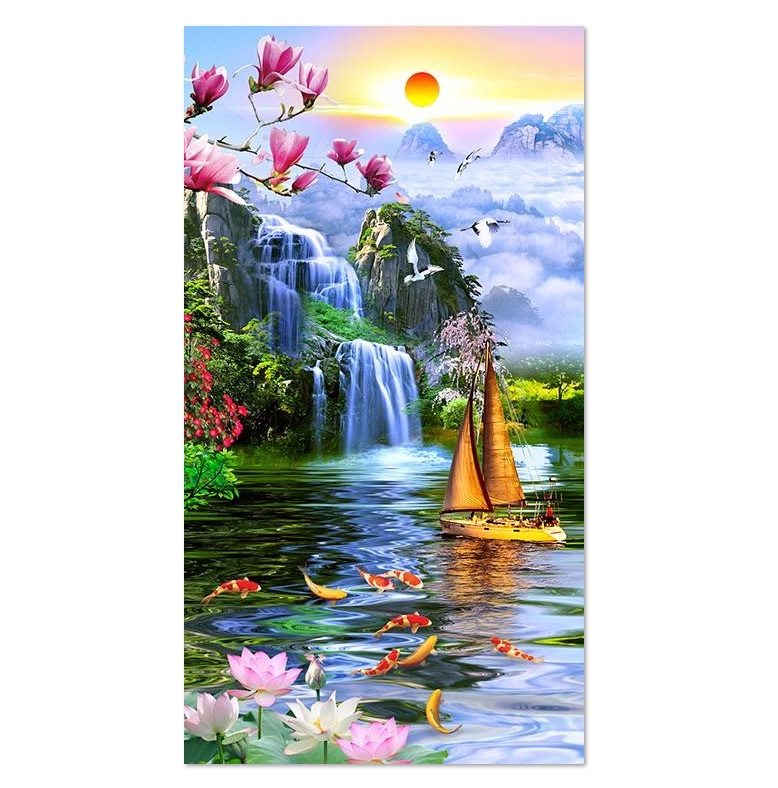 Tranh dán tường khổ dọc VTC Thuận Buồm Xuôi Gió UD0963 kim sa nhiều mẫu và kích thước