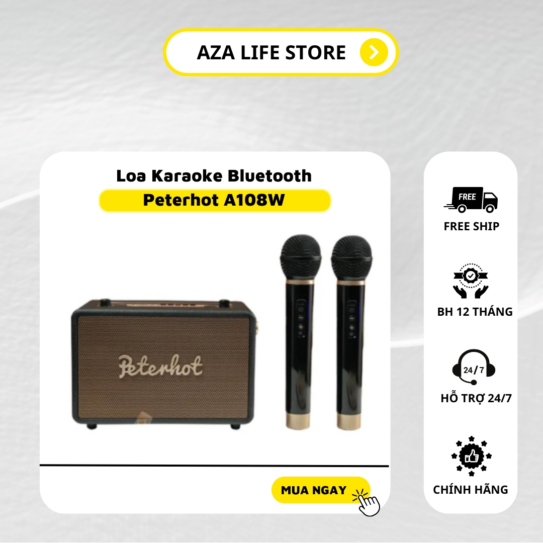 Loa karaoke bluetooth peterhot a108w chính hãng - tặng kèm 2 mic không dây, nghe nhạc cực đã, âm bass cực mạnh - aza life store - lỗi 1 đổi 1