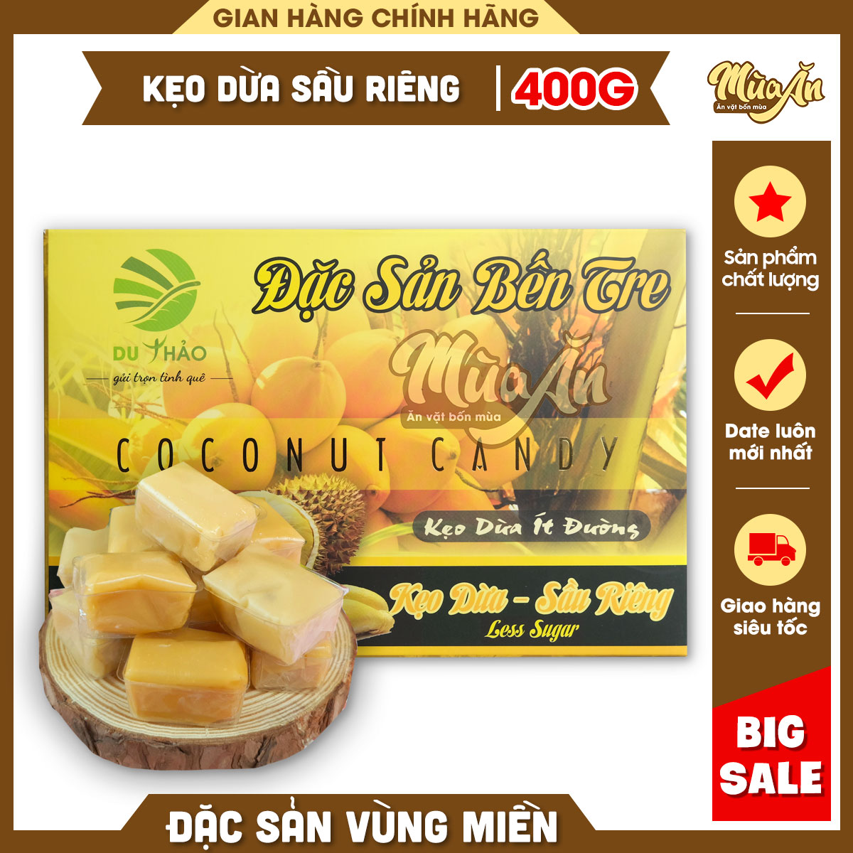 Kẹo dừa sầu riêng Bến Tre, kẹo dừa Bến Tre siêu mềm, thơm béo, ít ngọt Du Thảo 400g
