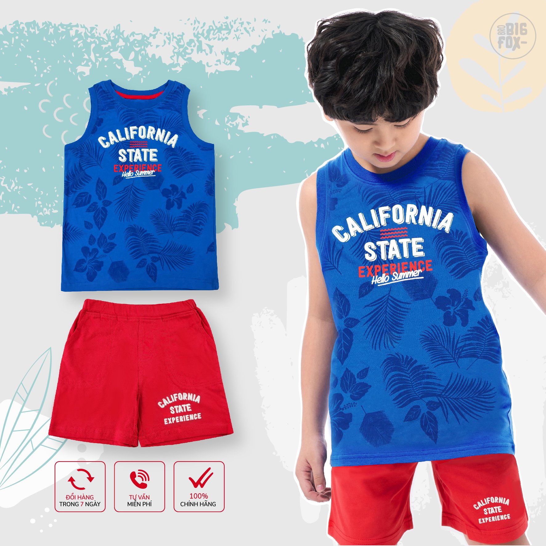Bộ bé trai size đại, bộ ba lỗ cho bé chất cotton phong cách Âu Mỹ hình in CALIFORNIA STATE 10 – 32 kg QATE