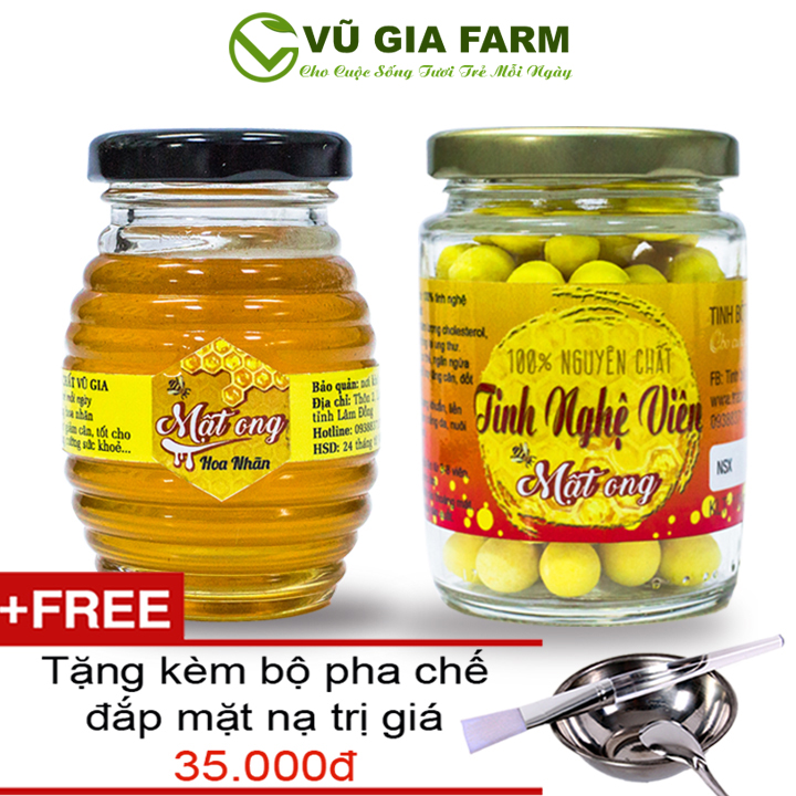 Combo Tinh Nghệ Viên Mật Ong + Mật Ong Hoa Nhãn - Nguyên Chất Vũ Gia (100g/ml/hũ) + Tặng Bộ đắp mặt nạ inox - Đắp mặt dưỡng da, tẩy tế bào chết, xóa mờ thâm nám tàn nhang hiệu quả - Đã được kiểm nghiệm y tế