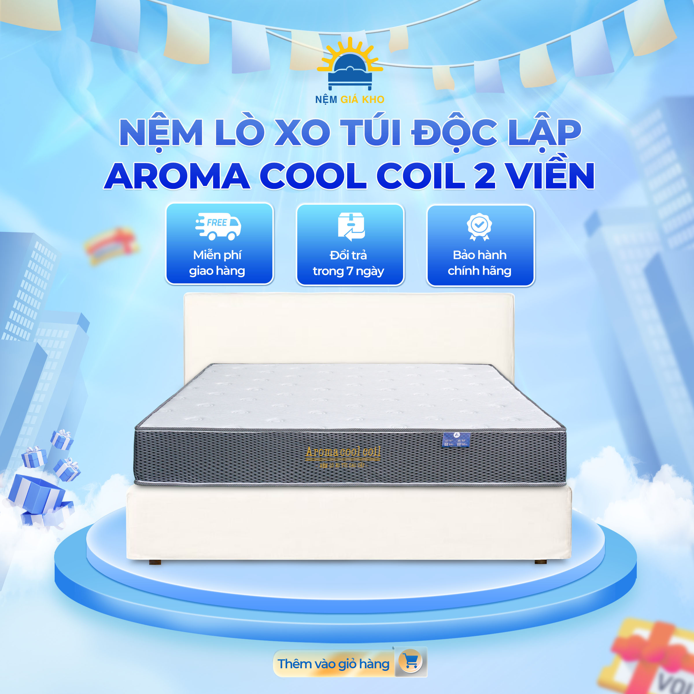 Nệm Lò Xo Túi Độc Lập Aroma Cool Coil 2 Viền, Bảo hành 10 năm