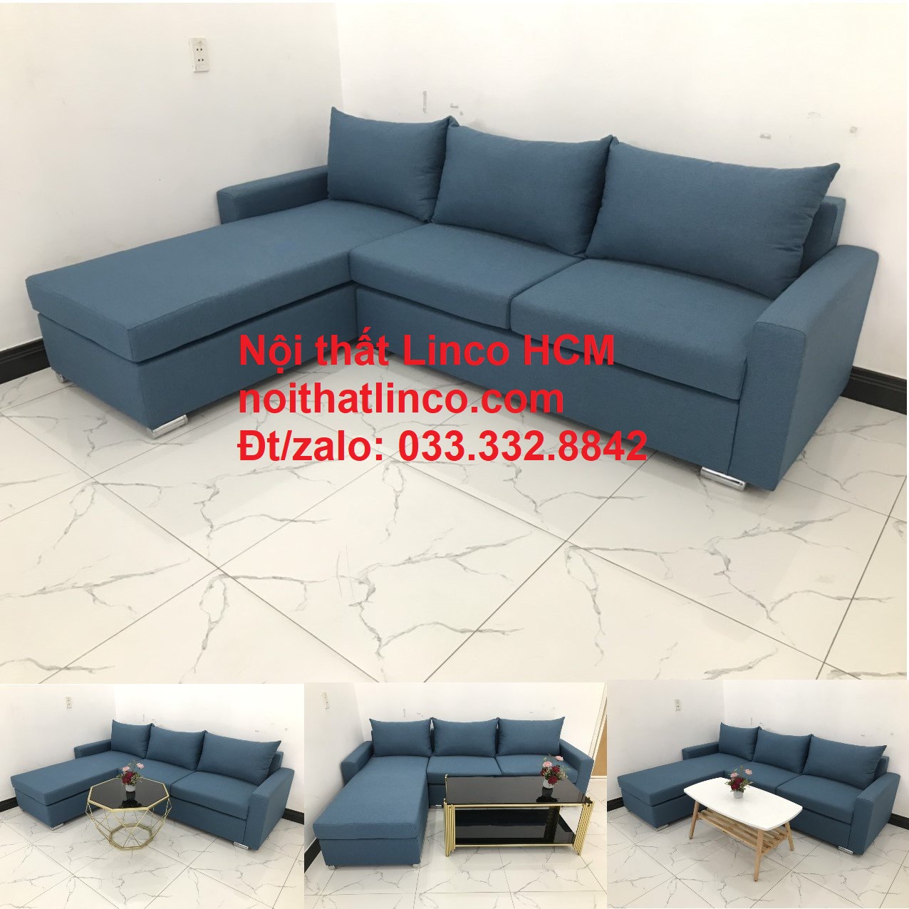 [HCM]Bộ bàn ghế sofa góc L xanh dương nước biển phòng khách giá rẻ đẹp Nội thất Linco Tphcm