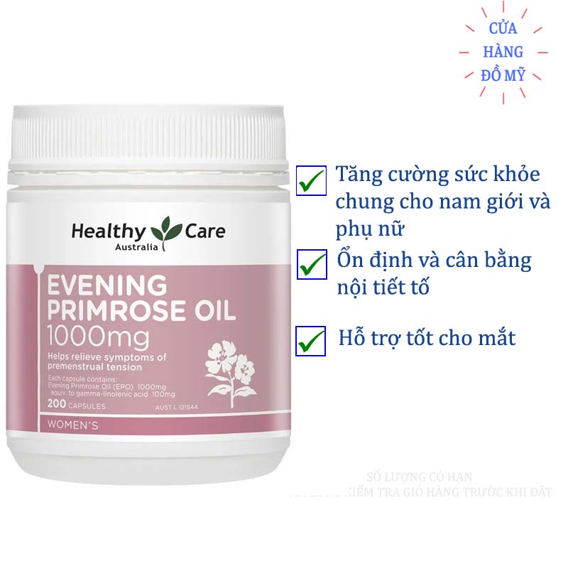Viên uống Tinh Dầu Hoa Anh Thảo Healthy Care Evening Primrose Oil 1000mg 200 viên hỗ trợ tốt cho sức khỏe và làm đẹp da, móng và tóc - Shop Hong1008