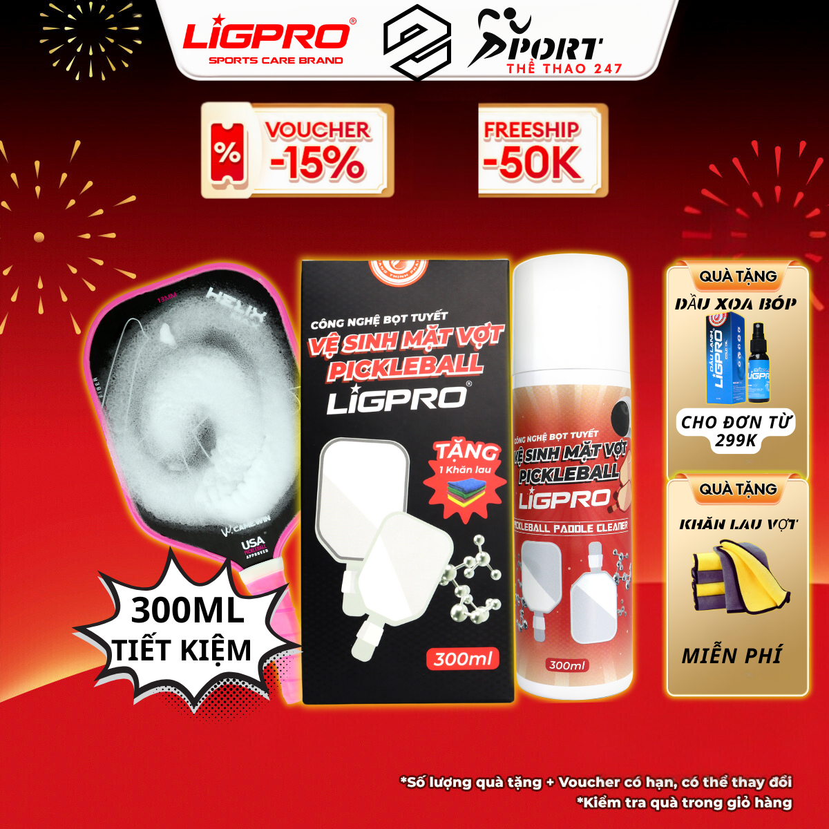 [ MỚI 300ML] Bình Xịt Vệ Sinh Vợt Pickleball Bọt Tuyết NANO BẠC LIGPRO 200ml-300ML Làm Sạch Chống Trầy Mặt Vợt TẶNG KHĂN LAU CAO CẤP