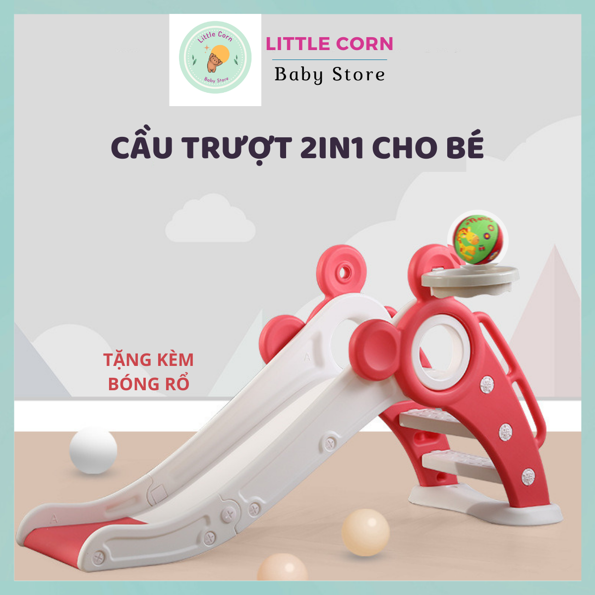 Cầu Trượt Cho Bé, Combo Cầu Trượt Bóng Rổ 2in1(Kèm bóng) GẤP GỌN tiết kiệm diện tích không gian, dùng cho bé 1~8 tuổi