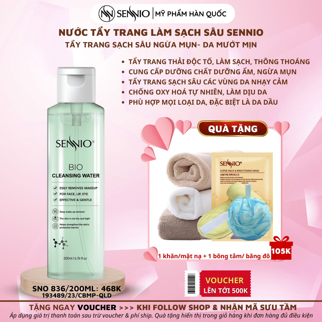 Nước tẩy trang làm sạch sâu Sennio Bio Cleansing Water 200ml SNO 836 bảo vệ hàng rào da, cân bằng pH cho da ngăn ngừa mụn