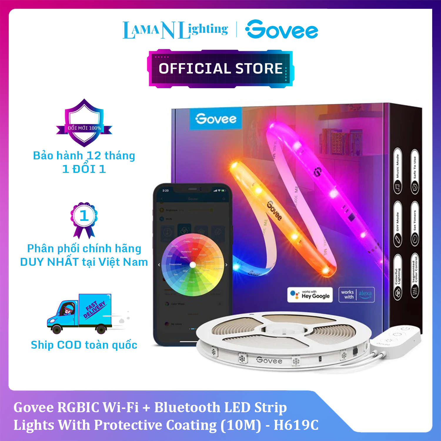 Dây đèn led govee rgbic wi-fi + bluetooth led strip lights with protective coating 10m h619c | phủ coating, 16 triệu màu rgbic tùy chỉnh, cảm biến nhạc, kết nối thông minh