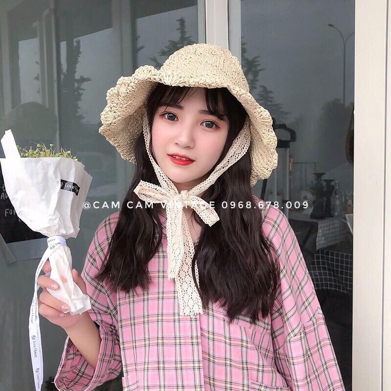 Mũ cói nón cói mềm tiểu thư quai nơ ren đi biển style korea hàn quốc