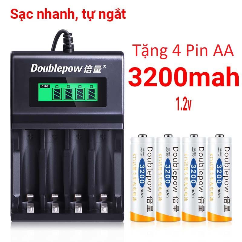 Combo Bộ Sạc Pin AA, AAA K93B Doublepow tự ngắt khi đầy Tốc Độ Cao Hiển Thị Màn Hình LCD kèm pin sạc aa 3200mAh