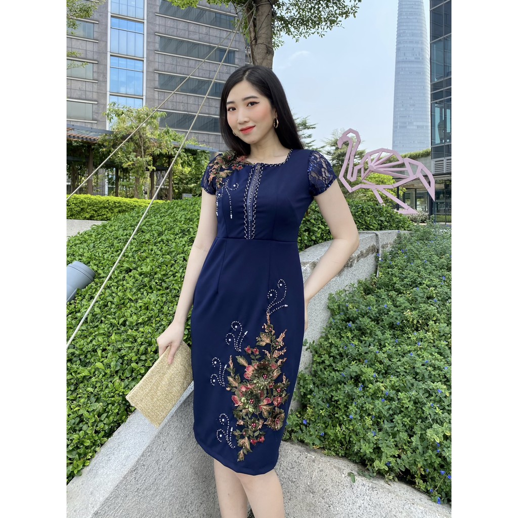 Đầm trung niên nữ thiết kế sang trọng, phối hoa, đủ size